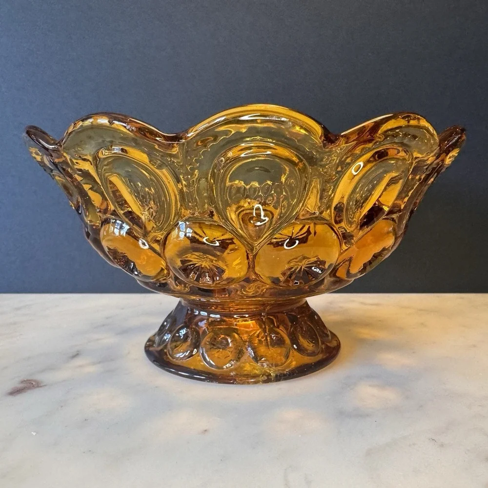 LE Smith Amber Glass Moon & Stars Pedestal / Bowl ~ Brass Arch Holder Stand
